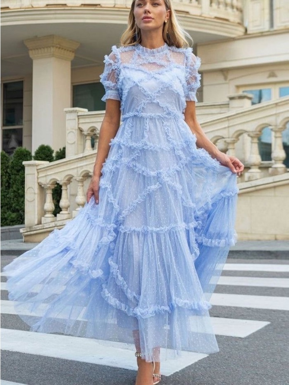 Sheer Ruffled Lace Midi Dress - Light Blue